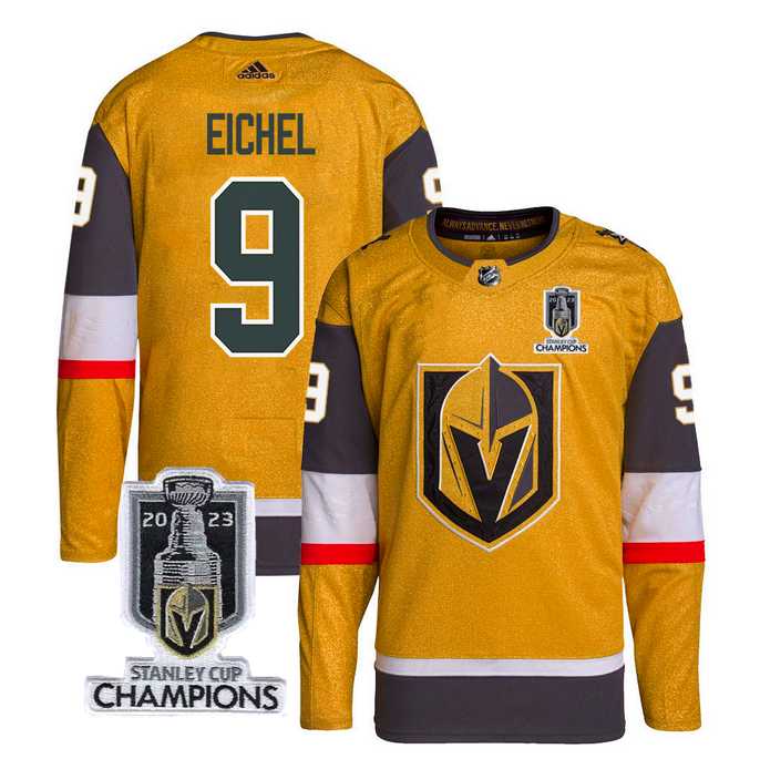 Mens Vegas Golden Knights #9 Jack Eichel Gold 2023 Stanley Cup Champions Stitched Jersey->vegas golden knights->NHL Jersey